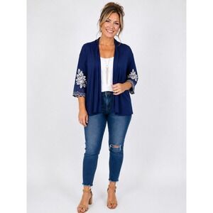 ECLA Navy Blue Open Front Cardigan White Floral Embroidered Bell Sleeve PL